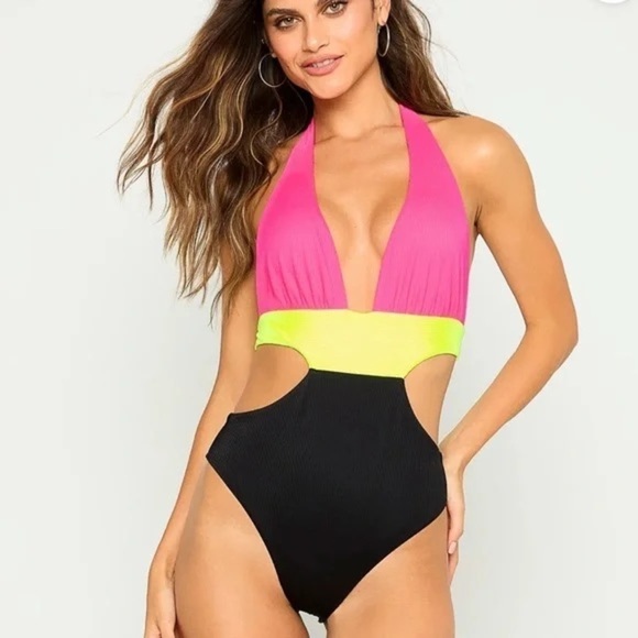 Beach Bunny Nina Full One Piece in Pink Yellow Black Size XL - Picture 1 of 13